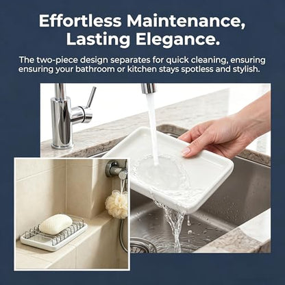 Ceramic Soap Dish with Stainless Steel Drain Tray Self Draining Soap Holder Sponge Holder Soap Dishes for Shower, Bathroom, Kitchen Sink - color: C-white