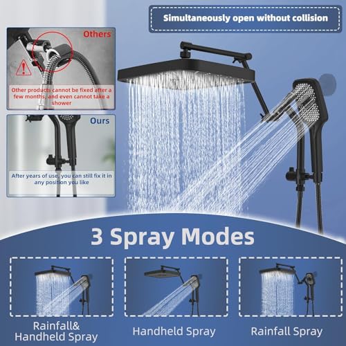 14" High Pressure Rain/Rainfall Shower Heads With Handheld Spray Combo (3+1 Settings & Built-in Power Wash Mode), Double/Dual Shower Head With Handheld - Height/Angle Adjustable(Matte Black) - color: Matte Black, size: 14 Inch