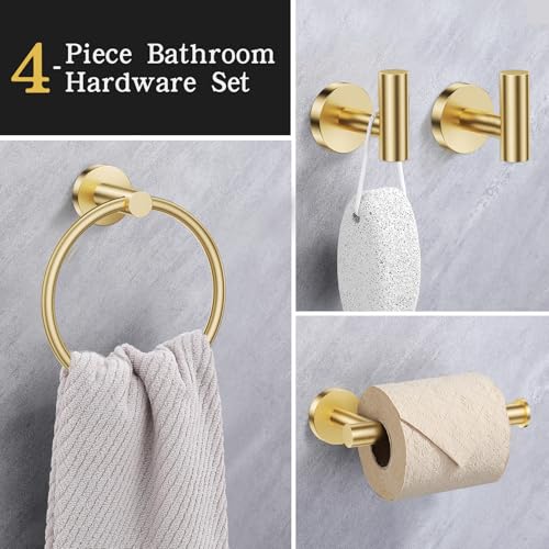 Lairuier Bathroom Hardware Set, 4-Piece Towel Holder Set Include Toilet Paper Holder,Towel Ring and 2 Towel Hooks Stainless Steel Wall Mounted Bathroom Hardware Accessories Set (Brushed Gold) - color: Brushed Gold, size: Set A