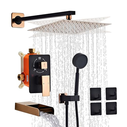 Black Gold Shower Tub Faucet Set, Wall Mounted 8 Inch Shower Heads with Handheld Spray Combo and Tub Shower Faucet, Luxury Bathroom Square Rain Shower System - 4 Hooks - color: Black Gold, style: 8 Inch with Tub Spout