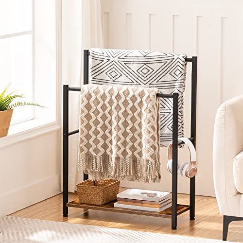 HOOBRO Free Standing Towel Rack for Bathroom, 22" L x 9.4" W x 31.5" H, 2 Tier Blanket Rack, Blanket Holder, Drying and Display Rack with Shelf, Rustic Brown and Black BF04LB01 - color: Rustic Brown + Black, size: 22" L x 9.4" W x 31.5" H