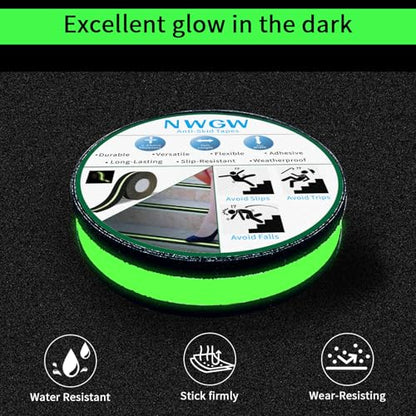 Glow in Dark Anti Slip Tape, 1" x 35FT Heavy Duty Waterproof Safety Grip Tape for Stairs, Pool, Bathroom - Black & Glow Stripe Indoor/Outdoor Multi-Purpose Traction Tape - size: 1 Inch x 35 Feet