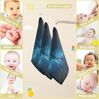 YETTASBIN Galaxy Muslin Baby Hand Washcloths, Soft Cotton Bath Face Towel, 4 Layers Extra Absorbent Feeding Burp Cloth for Newborn Infant, 3 Pack - size: 12 Inch x 3 Pack