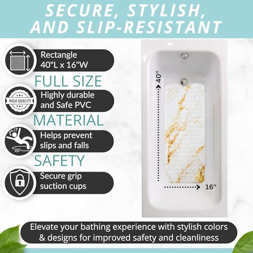 ENKOSI Non-Slip Bath & Shower Mat 40x16 Extra Long, Suction & Drain Holes | Elegant White Gold Marble print; Durable PVC; 40x16 in, White Gold Marble - color: Marble White Gold