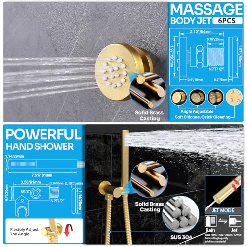 HOMEDEC 16" Round Ceiling Mounted Rainfall Shower System, 3 Way Shower Diverter Valve with 2-Function Handheld Shower and Body Jets, Brushed Gold - color: Brushed Gold, style: 3-Way