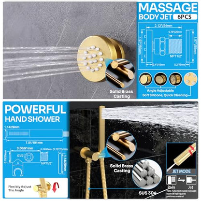 HOMEDEC 16" Round Ceiling Mounted Rainfall Shower System, 3 Way Shower Diverter Valve with 2-Function Handheld Shower and Body Jets, Brushed Gold - color: Brushed Gold, style: 3-Way