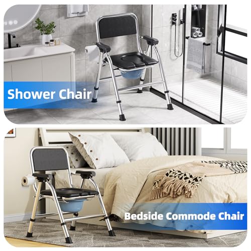 4 in 1 Folding Bedside Commode Chair for Elderly, Padded Seat & Backrest | Adjustable Height Raised Toilet Seat with Handles, Adults Potty Chair for Seniors, Disabled, Holds Up to 350 lbs - color: With Paper Roll Holder