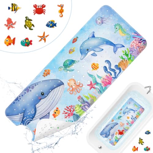 Cinrobiye Bath Mat for Tub Non Slip, 40 x 16 Inch Sea Animals Cartoon Bathtub Shower Mat with Suction Cups and Drain Holes, Waterproof Machine Washable Bathroom Mat - color: Blue