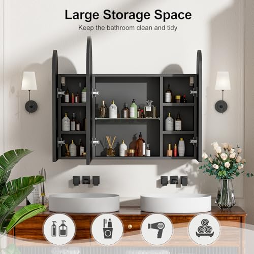 Triple Arched Black Medicine Cabinet, 3 Doors, 31X28Inch Surface Mount Bathroom Cabinet with Trifold Arched Mirror, Metal Edge - color: Brushed Black