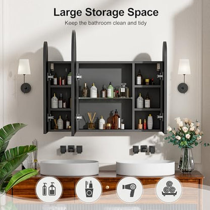 Triple Arched Black Medicine Cabinet, 3 Doors, 31X28Inch Surface Mount Bathroom Cabinet with Trifold Arched Mirror, Metal Edge - color: Brushed Black