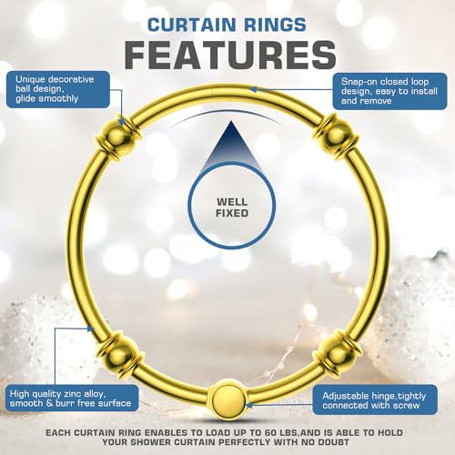 Gold Shower Curtain Rings, 12 Pcs Rust Proof Metal Curtain Hooks, Oval Snap Shower Rings for Curtain, Glide Smoothly for Bathroom Shower Rod, Zinc Alloy - color: Golden