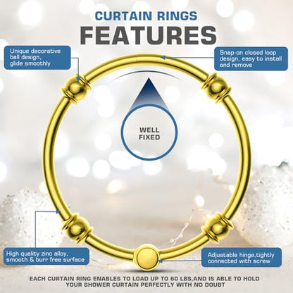 Gold Shower Curtain Rings, 12 Pcs Rust Proof Metal Curtain Hooks, Oval Snap Shower Rings for Curtain, Glide Smoothly for Bathroom Shower Rod, Zinc Alloy - color: Golden