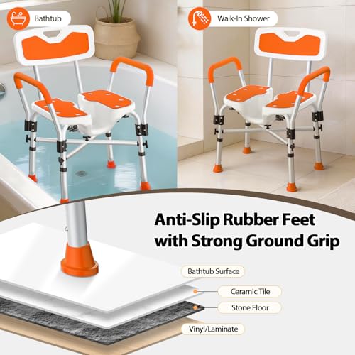 FSA/HSA Heavy Duty Shower Chair for Inside Shower, 500LBS Shower Chair with Arms Back, Padded Bath Seat with U-Shaped Cutout, Anti-Slip Adjustable Bath Stool for Seniors, Handicap, Pregnant, Orange