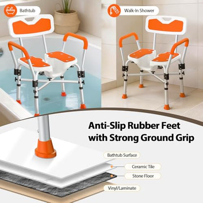FSA/HSA Heavy Duty Shower Chair for Inside Shower, 500LBS Shower Chair with Arms Back, Padded Bath Seat with U-Shaped Cutout, Anti-Slip Adjustable Bath Stool for Seniors, Handicap, Pregnant, Orange