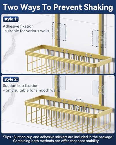 Never Rust Shower Caddy Hanging, Aluminum Shower Racks for Inside Shower, 2-Tier Shower Organizer Hanging Over Shower Head with Hooks and Soap Holder, Gold - color: Gold