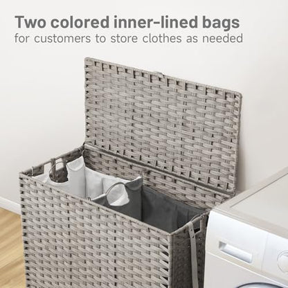 Laundry Hamper with Wheels, 39.6 Gallon(150L) Rolling Laundry Basket with Lid, Removable Large 2 Color Liners & 3 Mesh Laundry Bags, Clothes Hamper with Side Pocket, Grey - color: Grey, size: 23.62"L x 15.75"W x 25.6"H
