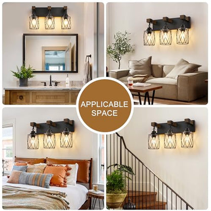 Bathroom Light Fixtures,Farmhouse Black Metal with Glass Shade | 3 Light Rustic Vanity Lights, Wood Accent Wire Cage Design, Mounts Over Mirror, Ideal for Bedroom & Hallway,Easy to Install - size: 3-Light