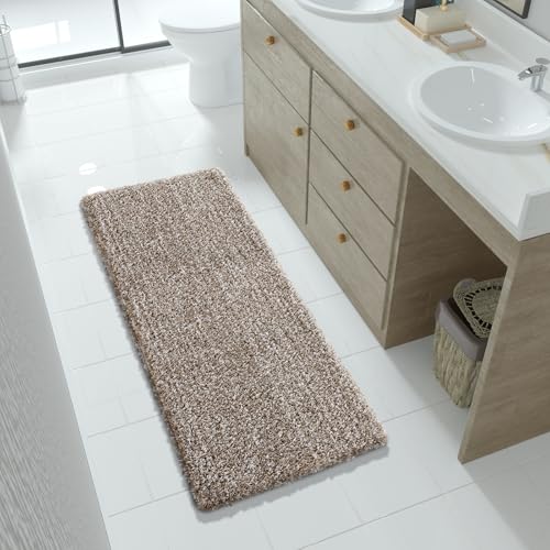 Yimobra Luxury Bathroom Rugs, Fluffy Bath Mats, Non Slip, Water Absorbent Microfiber, Machine Washable, Plush Runner Shower Rugs, Thick Matts for Bathroom Floor&Tub, 56" X 24", Light Brown and White - color: Light Brown and White, size: 56" X 24"
