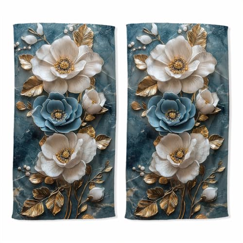 Floral Hand Towel Set of 2 Flower Marble White Blue Glod Absorbent Bath Towels Kitchen Dish Towel Home Gym Hotel Bathroom Decor 14x28 inch - color: Floral