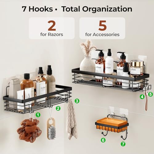 Orimade Adhesive Shower Caddy Soap Dish Holder Shelf with 5 Hooks Bathroom Organizer Basket Kitchen Storage Rack Wall Mounted No Drilling Stainless Steel - 3 Pack, Black - color: Black - 2 Pack with Soap Dish