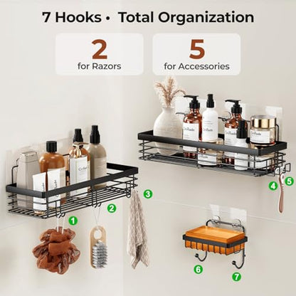 Orimade Adhesive Shower Caddy Soap Dish Holder Shelf with 5 Hooks Bathroom Organizer Basket Kitchen Storage Rack Wall Mounted No Drilling Stainless Steel - 3 Pack, Black - color: Black - 2 Pack with Soap Dish