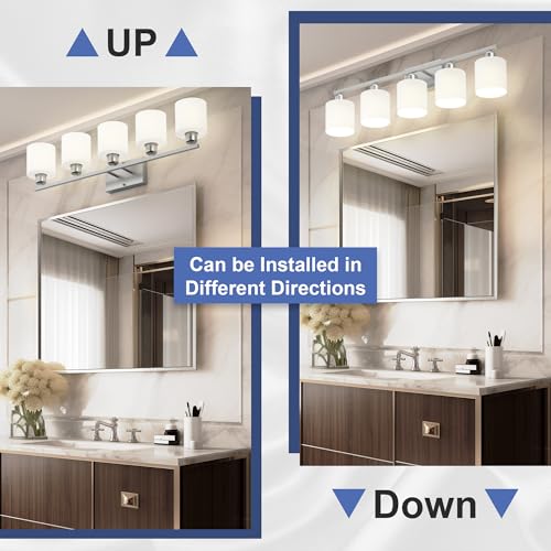 Bathroom Lights Over Mirror Brushed Nickel, Anti-Rust 5-Light Bathroom Vanity Light Fixtures, Modern 28.34Inches Wall Sconces E26 Base, Milky White Glass Shades, Bulbs Not Included - color: Brushed Nickel-5Light