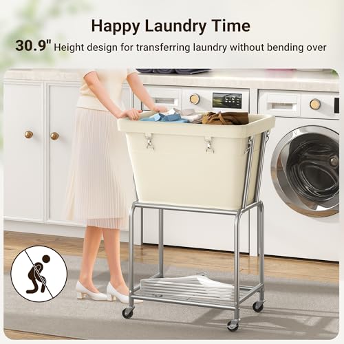 ELYKEN Rolling Laundry Hamper with Wheels, Removable Bag, Laundry Cart | Heavy Duty Metal Frame, 2-Tier Clothes Basket with Shelf, Ideal for Closet, Bedroom, Bathroom & Laundry Room - color: Cream, size: 20.3"L x 15.9"W x 30.9"H