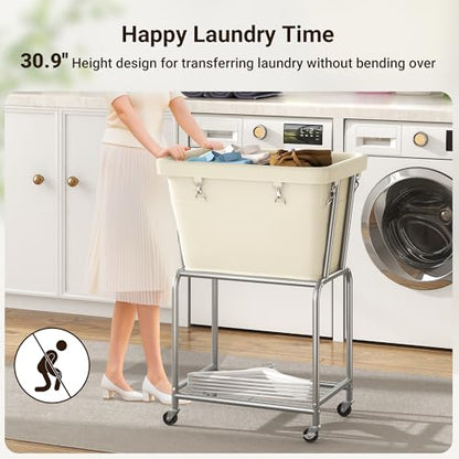 ELYKEN Rolling Laundry Hamper with Wheels, Removable Bag, Laundry Cart | Heavy Duty Metal Frame, 2-Tier Clothes Basket with Shelf, Ideal for Closet, Bedroom, Bathroom & Laundry Room - color: Cream, size: 20.3"L x 15.9"W x 30.9"H