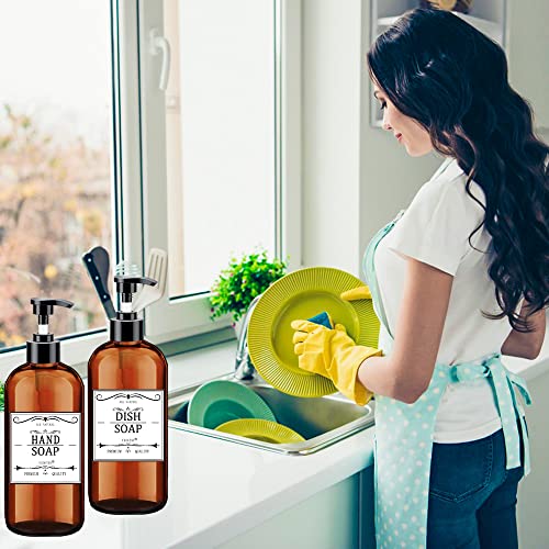 Soap Dispenser with Rust Proof Pump, Waterproof Labels (2 Pack,16 Oz) Bathroom, Plastic Hand Dish Soap Dispenser for Kitchen, Premium Thick Soap Pump Bottles (Amber) - color: Amber