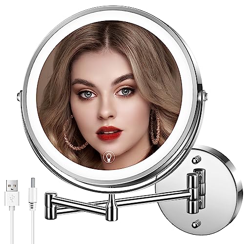 MNIENT Wall Mounted Lighted Makeup Mirror, 1x/10x Rechargeable Magnifying | 3 Colors, Adjustable Brightness Mirror, Double-Sided, 360° Rotation Foldable Led Vanity Mirror with Lights