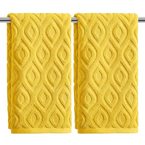 Artoid Mode 2 Pcs Yellow 3D Diamond Grid Jacquard Hand Towels for Bathroom, 100% Cotton Soft Absorbent Bathroom Decor Towels, 13.7 x 29.5 Inch - color: Yellow, size: 13.7" x 29.5", 2PCS