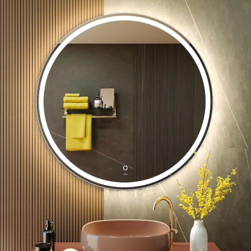 KWW 40 Inch Large Modern LED Round Bathroom Vanity Mirror, Color Temperature Adjustable, Anti-Fog Dimmable Lights, Easy to Install, Wall Mounted Makeup Mirror with Smart Touch Button - size: 40"L x 40"W