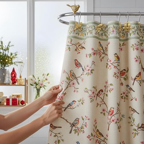 12 Pcs Bird Shower Curtain Hooks Antique Gold Birds Animal Decorative Hooks Rings Bulk Cute Hanger Stainless Steel Resin Nature Spring Themed Curtain Rings for Bathroom Bedroom Home Decor - style: Bird
