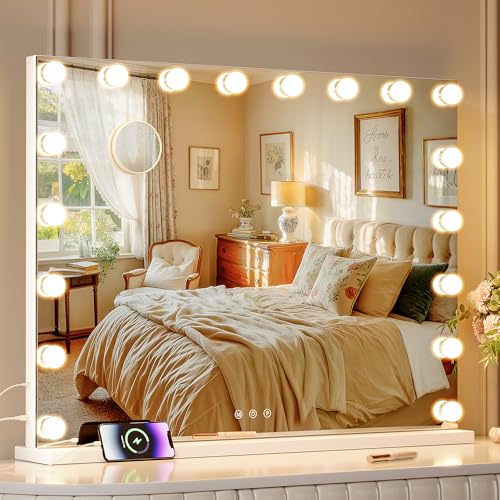 ZL ZELing Vanity Mirror Makeup Mirror with Lights,31.49" x 23.62"Large Tabletop Light up Mirror with 18Bulbs,10X Magnification,USB Charging Port,3 Color Touch Control Dimmable Lights. - color: White-18 Bulbs