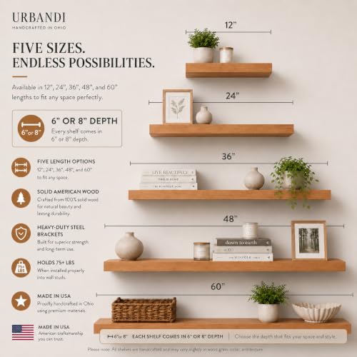 Floating Wall Shelves, Solid Natural Wood, Large and Small-Kitchen and Bathroom Shelf, Heavy Duty, Made in USA Set of 2 (Aged Oak, 36Wx8D) - color: Aged Oak, size: 36Wx8D