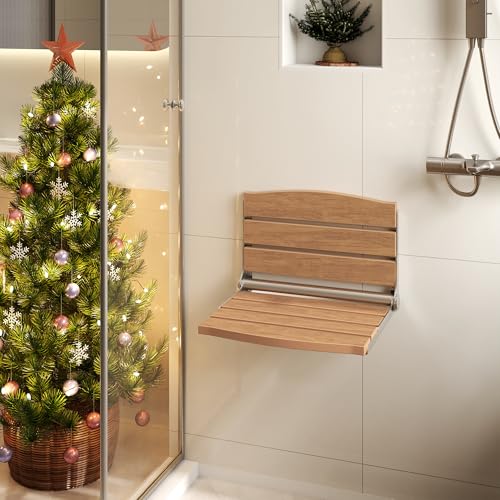 DWVO Folding Shower Seat Wall Mounted, Fold Down Shower Bench, Home Care Folding Shower Chair for Seniors,Disables,Pregnants Teak