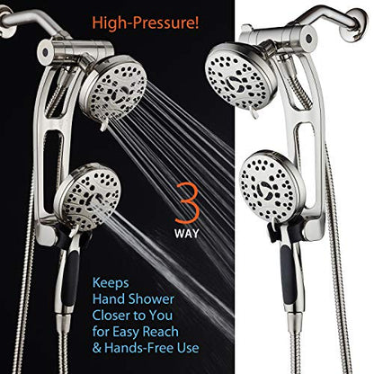 High Pressure 48-mode Luxury 3-way Combo with Adjustable Extension Arm – Dual Rain & Handheld Shower Head – Extra Long 6 Foot Stainless Steel Hose – All Brushed Nickel Finish – Top US Brand - color: Brushed Nickel