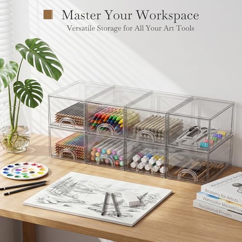 8 Pack Small Clear Stackable Acrylic Storage Boxes & Drawers | Storage Organizer, Clear Plastic Makeup Organizer, Ideal for Vanity, Cabinet, Desk Organization, Art Tool & Sketch