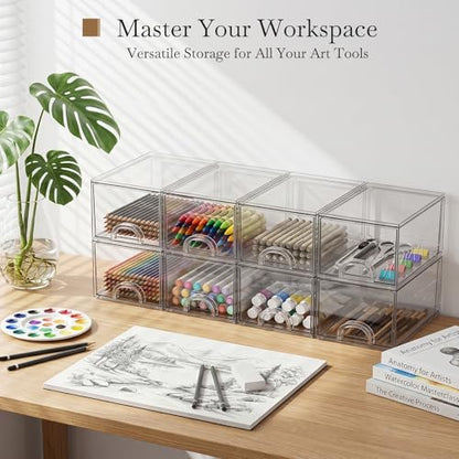 8 Pack Small Clear Stackable Acrylic Storage Boxes & Drawers | Storage Organizer, Clear Plastic Makeup Organizer, Ideal for Vanity, Cabinet, Desk Organization, Art Tool & Sketch