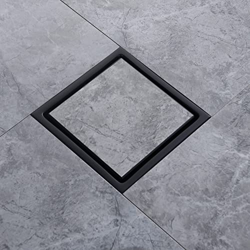 6 Inch Shower Drain Square Black Matte，with Adjustable Drain Flange Kit Base PVC, Removable Grid Strainer Cover and Invisible Floor Tile Insert, SUS304 Stainless Steel - color: Matte Black