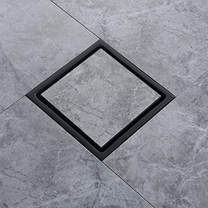 6 Inch Shower Drain Square Black Matte，with Adjustable Drain Flange Kit Base PVC, Removable Grid Strainer Cover and Invisible Floor Tile Insert, SUS304 Stainless Steel - color: Matte Black