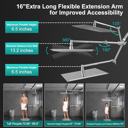All Metal 10 Inch Rain Shower Head with Handheld Spray Combo, High Pressure Waterfall Rainfall Square Shower Heads with 16" Adjustable Extension Arm, Dual Showerhead with 3-Way Diverter, Chrome - color: Polished Chrome, size: 10 Inch