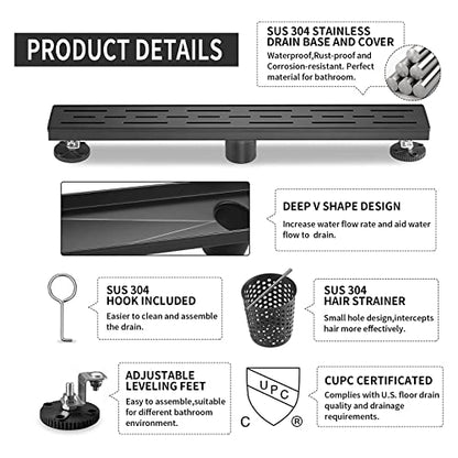 Linear Shower Drain, Matte Black Shower Drain 28 Inch with Removable Grate, SUS-304 Stainless Steel Rectangle Floor Drain with Leveling Feet and Hair Strainer, Bathroom Modern Drain SD-101 - color: Matte Black, size: 28 Inch