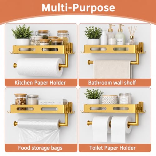 Gold Paper Towel Holder Wall Mount with Shelf, Easy One Hand Tear, Adhesive Glue or Drill Mount Hanging Paper Towel Holder with Shelf for Kitchen/Bathroom/RV, Metal, 4 Hooks - color: Golden
