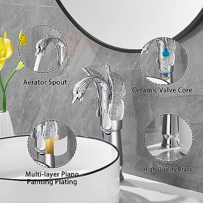Chrome Swan Shape Single Handle One Hole Bathroom Vessel Sink Faucet Deck Mount Lavatory Sink Faucet - color: Chrome, size: Tall