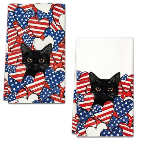 2Pcs Cute Black Cat Patriotic 4th of July Kitchen Towels | Waffle Weave Hand Tea Dish Towels for Farmhouse Home Kitchen Bathroom, Black Cat Decorations,Gifts for Cats Lovers,14''×23'' - color: America