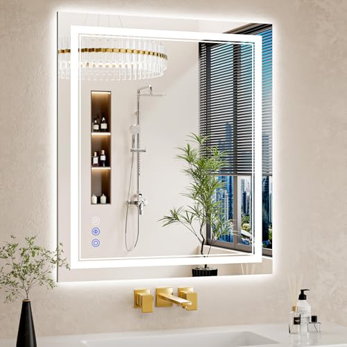 28X32 LED Bathroom Mirror with Lights, Anti-Fog, Backlit + Front Lit, Dimmable, Led Vanity Mirror for Wall, Lighted Bathroom Mirror, 3 Colors, Shatter-Proof Tempered Glass - size: 28"L x 32"W