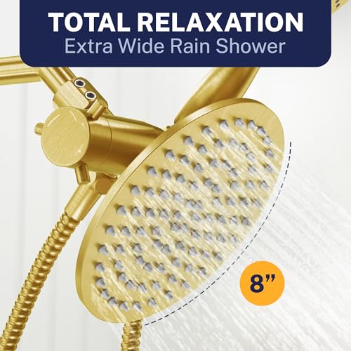 HammerHead Showers® Solid Metal Dual Shower Head Combo – BRUSHED GOLD – 8 Inch Rainfall High Flow Shower Head & 3-Flow Handheld Shower Head High Pressure with Hose 6ft - Luxury Double Shower Heads - color: Brushed Gold, size: 2.5 GPM Standard