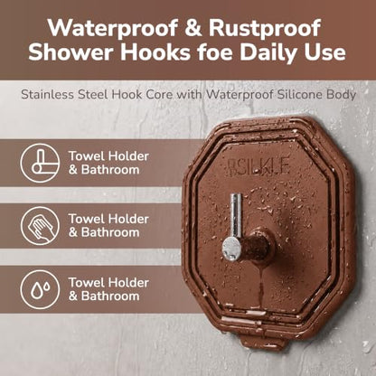 SILKLE Silicone Shower Hooks for Inside Shower, 2-Pack Adhesive Towel Hooks | Adhesive Shower Hooks, No Drill - Razor & Loofah Holders for Shower Wall, Heavy-Duty, Waterproof, Damage-Free - Brown - color: Brown