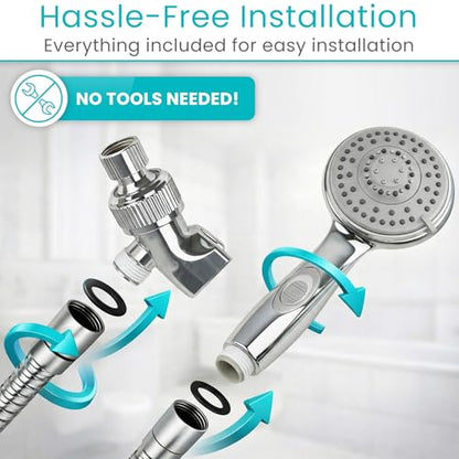 Vive High Pressure Handheld Shower Head - Hand Held Showerhead with 6.5 ft | Extra Long Hose, Detachable Showerhead, Multi-Setting Spray Combo for Bathroom, Pet Bathing, Stainless Steel Hose, Chrome